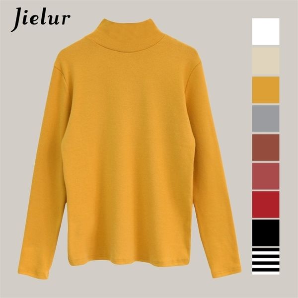

long sleeve shirt women 9 colors turtleneck solid color striped women's t-shirt winter autumn slim all-match femme 210426, White