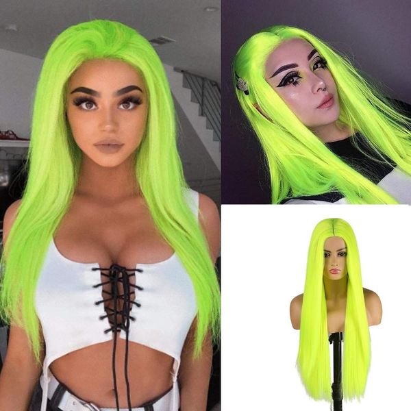 

synthetic wigs 26 inch fluorescent green silky straight machine wig for women middle part hair cosplay dray queen no lace yellow, Black