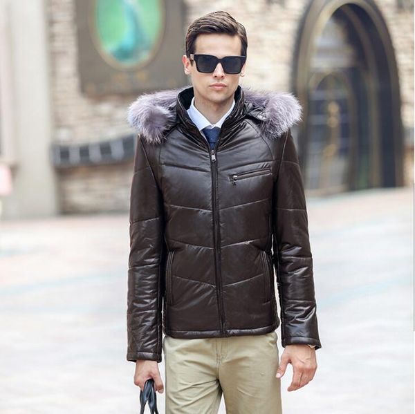 

men's fur & faux male slim fashion jackets korean plus size sheep skin leather jacket men warm outwear winter detachable hat coats, Black