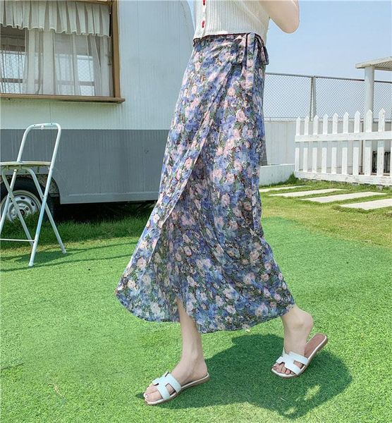 

skirts summer women lace up printing long high waist loose slim ladies clothing vacation sunscreen chiffon skirt, Black