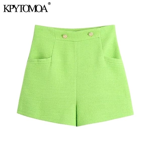 

kpytomoa women chic fashion with pockets tweed bermudas shorts vintage high waist back zipper female short pants mujer 210621, White;black