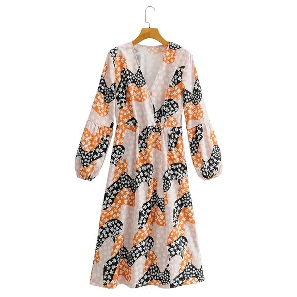 

spring women fashion printing cross v neck midi wrap dress female long sleeve clothes casual loose vestido d7050 210430, Black;gray