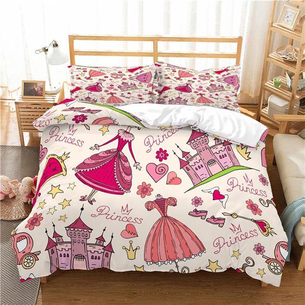 

bedding sets luxury 3d pink cartoons princess castle print kids set comfortable duvet cover pillowcase home textile /king size