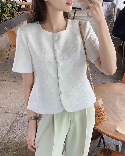 

women summer thin short solid fashion elegant tweed coat jacket 210515, Black;brown