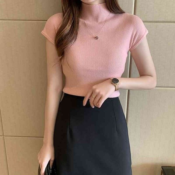 

heliar women knitted t-shirts turnelneck tees plain solid knitted short sleeve casual o-neck t-shirts for women summer 210408, White
