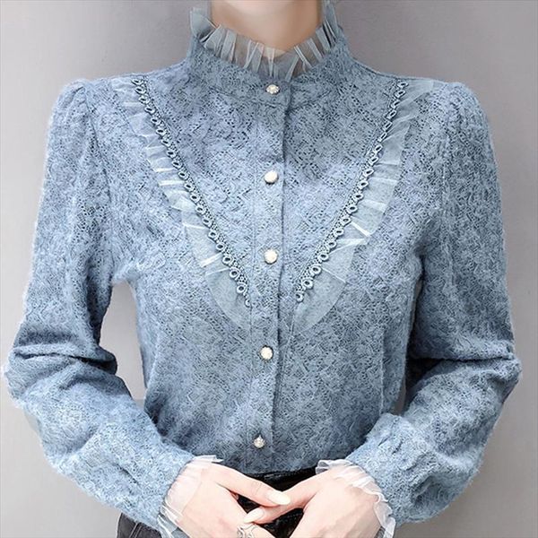 

long sleeve ruffles lace women blouses blusas mujer de moda turtleneck blue blusa e392, White