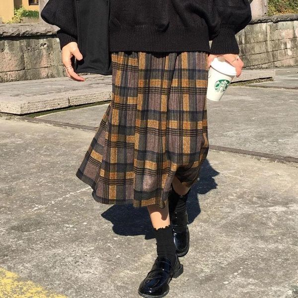 

skirts vintage wool pleated plaid skirt women high waist plus size long 2021 autumn winter harajuku female party streetwear, Black