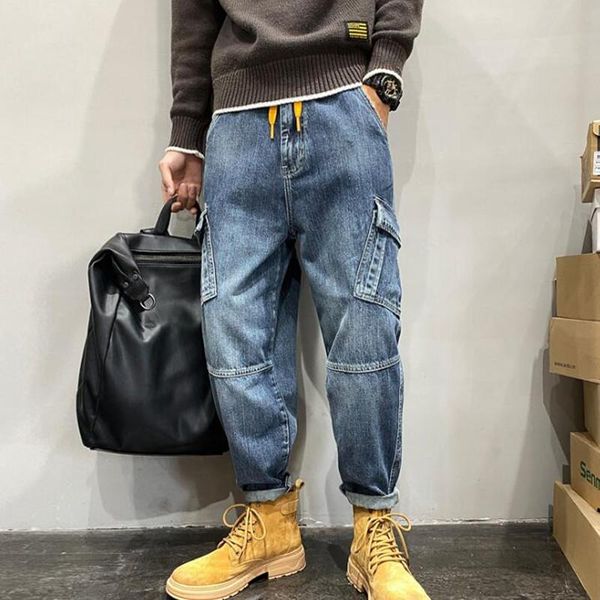 

men's jeans hip hop harem men casual denim cargo pants loose baggy wide leg trousers, Blue
