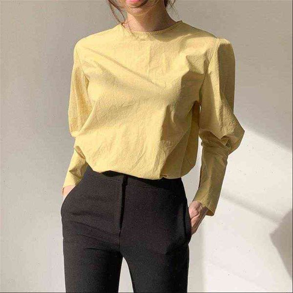 

hzirip office lady womens blouses women chic solid spring puff sleeves brief all match elegant o neck streetwear size shirts, White