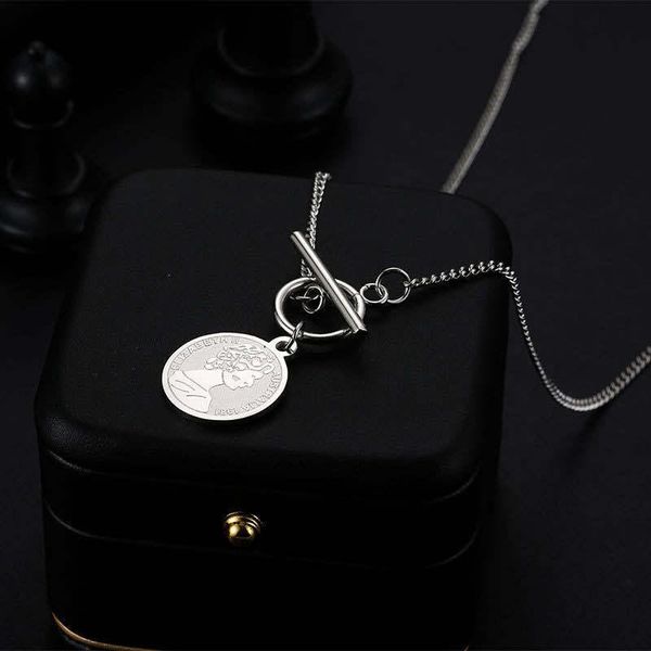 

pendant necklaces harajuku hip hop earth cool round brand portrait necklace ins cold wind stainless steel square ot buckle, Silver