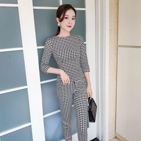 

two piece dress summer slim fit thin houndstooth mid-sleeve fashion suit, White