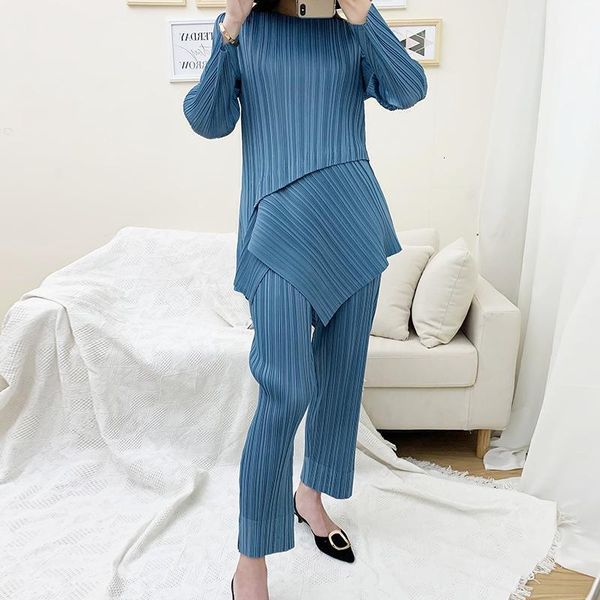 

two piece dress lanmrem 2021 autumn and winter products fashion straight split leg pants + long sleeve round neck irregular t-shirt pb305, White