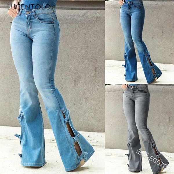 

women's jeans lugentolo flare summer solid trumpet stylish side knot button light full length mid streetwear fashion wide leg pants, Blue