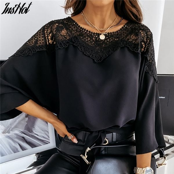 

casual women batwing sleeve solid blouse elegant spring lace crochet hollow out shirts office ladies o neck pullover blusas 210514, White