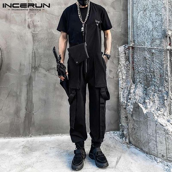 

men's pants incerun 2021 fashion men bib jumpsuit streetwear solid loose suspenders rompers zipper casual cargo overalls s-5xl, Black