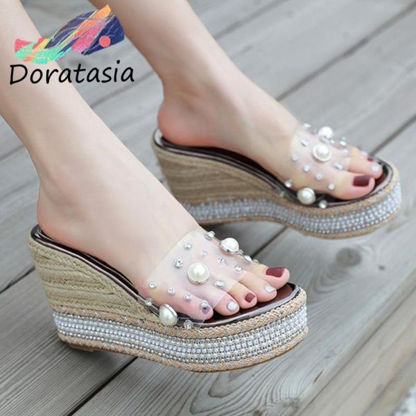 

trendy 2021 women summer pvc pearl platform shoes flax wedges stylish pumps dress, Black