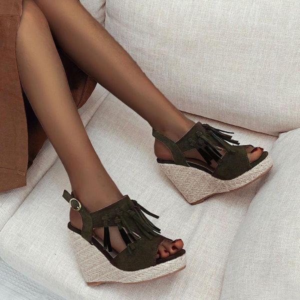 

flock high heel wedges back strap buckle platform fringe casual summer 2021 woman shoes sandals plus size 34-50, Black