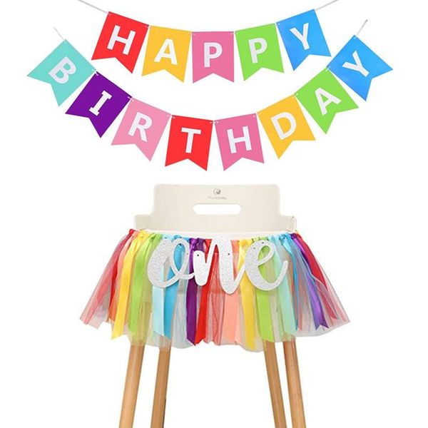 

party decoration rainbow theme high chair banner + happy birthday paper cake po backdrop sunshine baby shower 1st decor