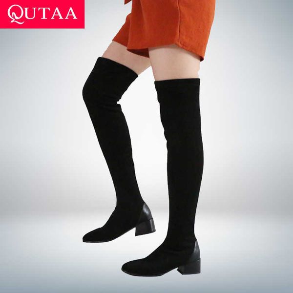 

qutaa 2021 women over the knee boots autumn winter square toe women shoes stretch flock pu square heel long boots size 34-43 y0914, Black
