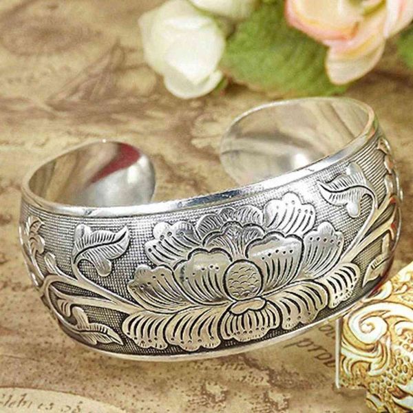 Mulheres Peônia Pulseira Tibetana Pulseira De Prata Bangles Antique Para Braceletes Moda Jóias S6Q7