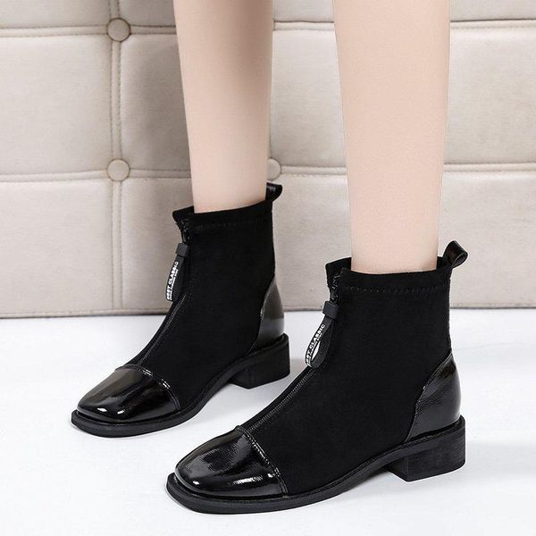 

boots for women autumn fashion shoes front zipper flock square toe heel up 3cm female short large size 35-42, Black