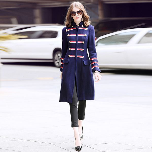 

blends brand winter outerwear women turn-down collar striped patchwork long sleeve wool blend coat jacket, Black