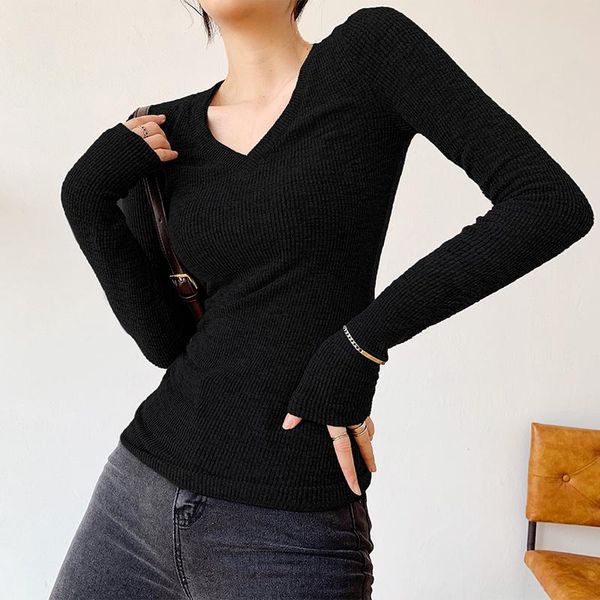 

women's t-shirt t shirt women 2021 white clothes cotton female korean gray v-neck long sleeve black tee