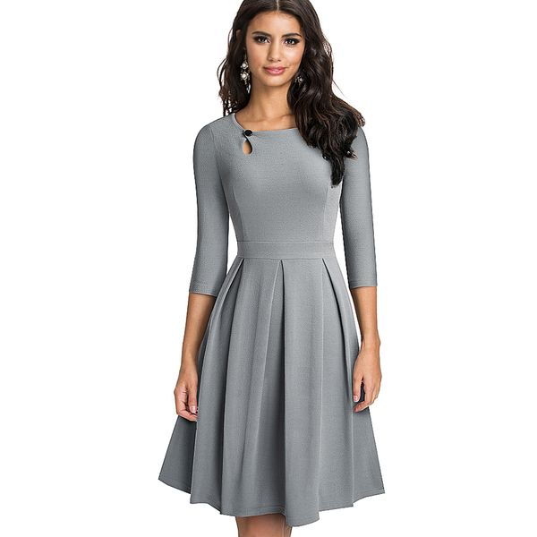 

2021nice-forever autumn vintage solid color with button dresses party a-line women flared swing dress a223, Black;gray