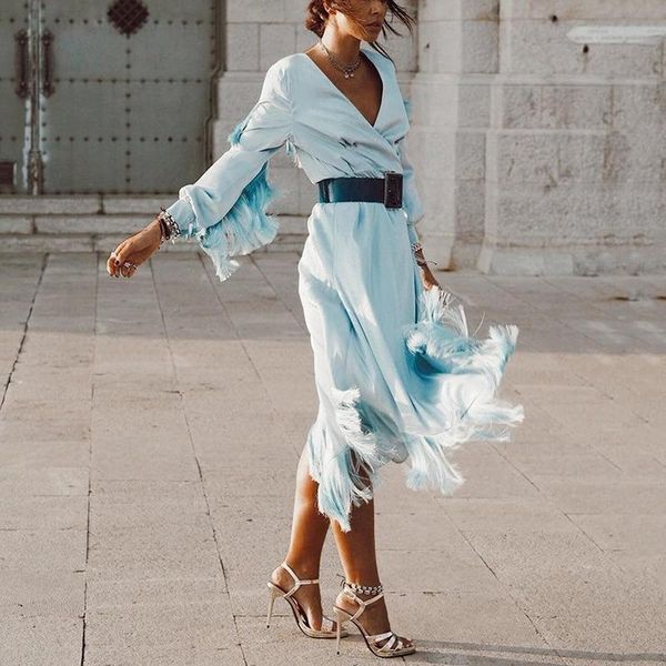 

casual dresses boho deep v neck tassel female long sleeve high waist side split party dress women 2021 autumn, Black;gray