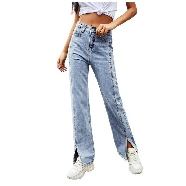 

women's jeans 2021 washed denim pants women boyfriend casual split long bottom blue hight waist straight #t2g
