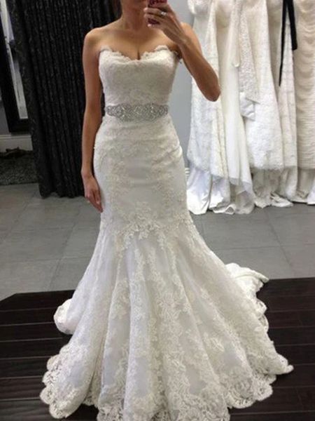 

arabic sleeveless mermaid wedding dresses beads appliques bridal dress sweep train, White