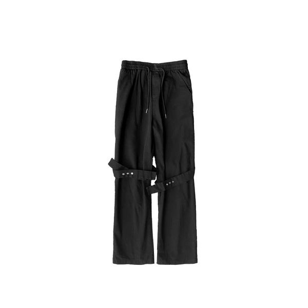

high street style bandage breasted floating bandwidth loose tooling straight flared trousers trendy hip hop men's pants, Black