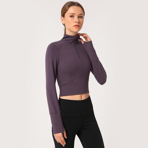 

yoga outfits crop women shirts tank long sleeve seamless fitness workout solid clothes with zipper female gym sport active wear, White;red