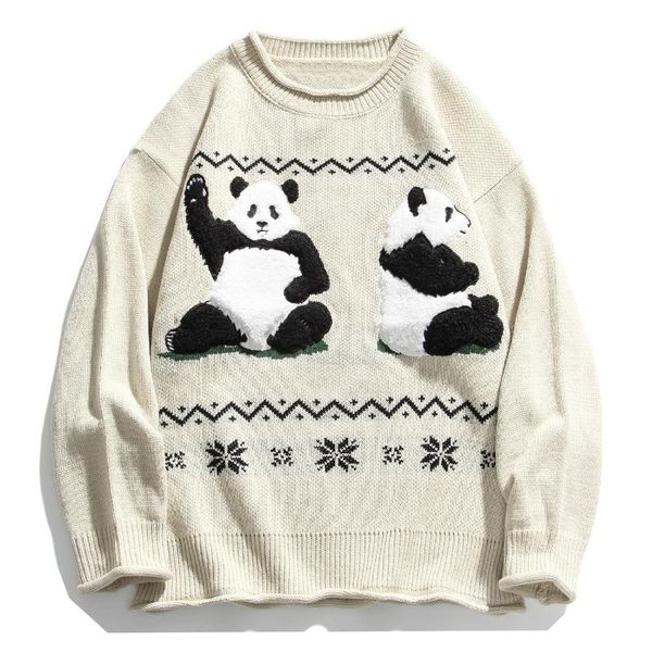 

hip hop streetwear chinese panda patchwork men knitted sweater autumn harajuku oversize cotton pullover women, White;black