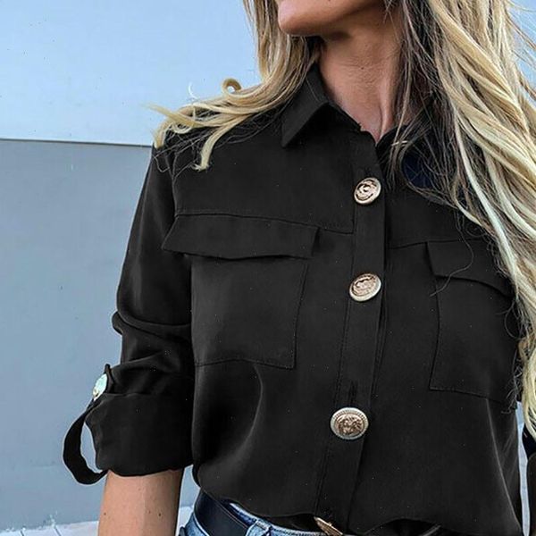 

solid color long sleeve button womens blouses suit collar casual work office beach shirt autumn, White
