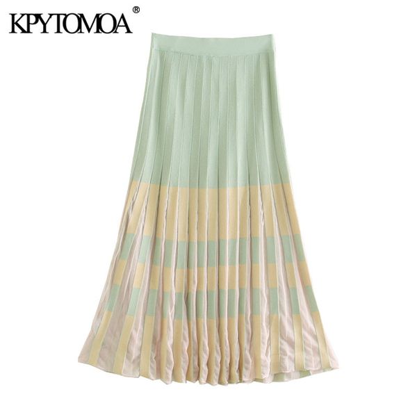 

women chic fashion pleated knitted midi skirt vintage elastic waist patchwork female skirts faldas mujer 210416, Black