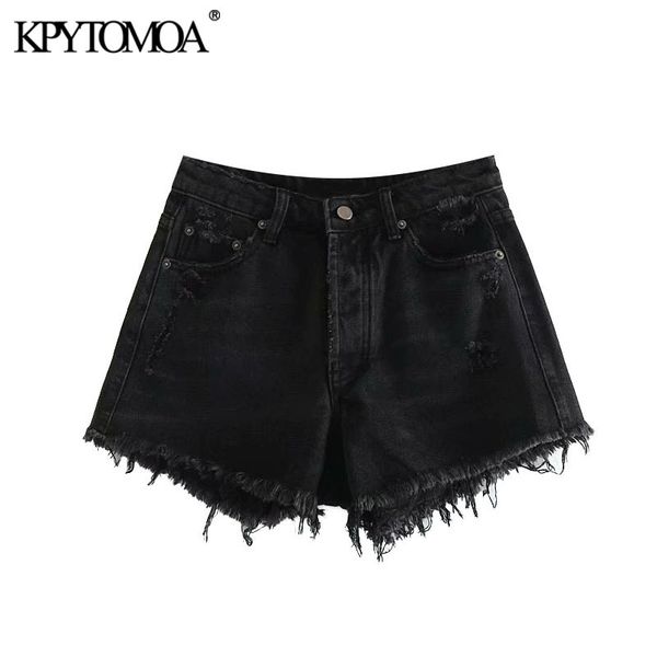 

women chic fashion ripped hole frayed trim denim shorts vintage high waist buttons fly female short pants jean 210416, White;black