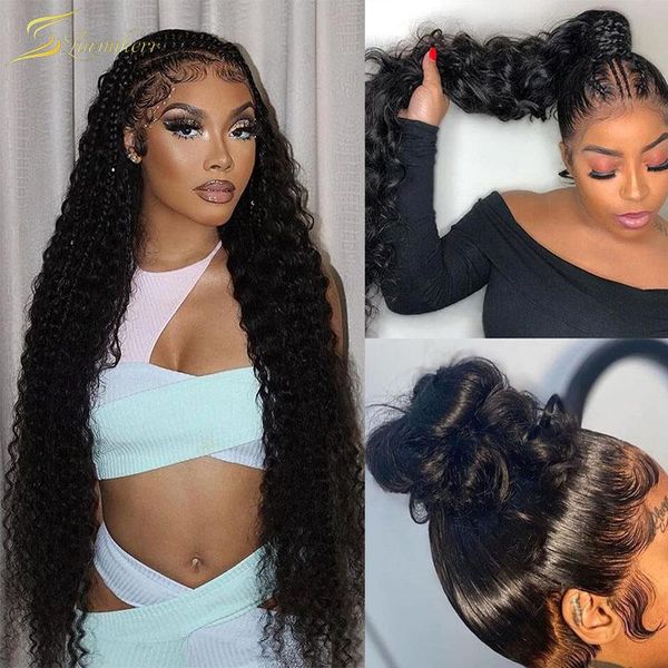 

lace wigs 360 curly human hair wig full deep wave frontal 13x6 hd front for women water preplucked braided, Black;brown
