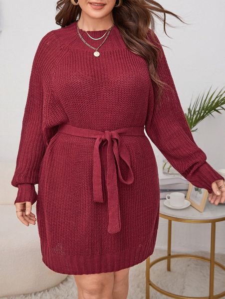 

plus raglan sleeve belted sweater w1sb#, Black
