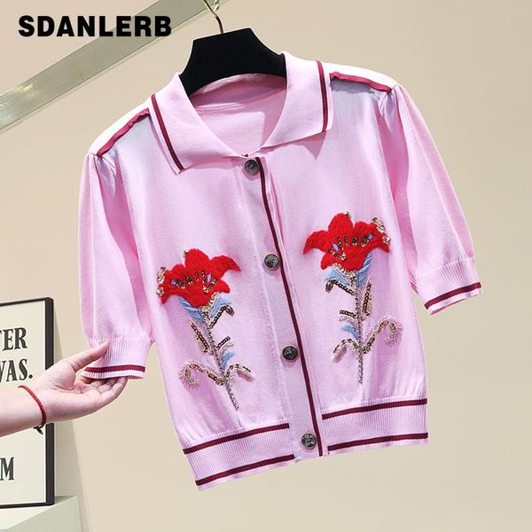 

women's t-shirt flowers embroidered knitted cardigan white cotton short sleeve loose 2021 spring summer pink ladies