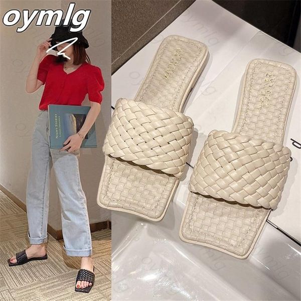 

ladies slippers 2021 woven flat sandals one-word women's mature fashionable casual outdoor beach, Black