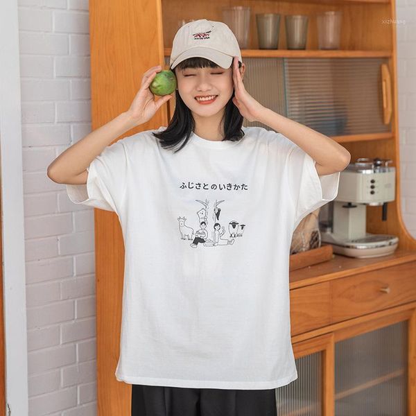 

women's t-shirt 2021 spring and summer student loose short sleeve cotton round neck print drop shoulder top, White
