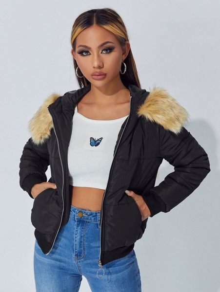 

petite zipper front contrast fuzzy trim winter coat z4ik#, Black