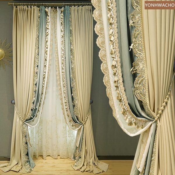

custom curtain luxury high grade american bedroom beige thick velvet cloth blackout tulle c624 & drapes