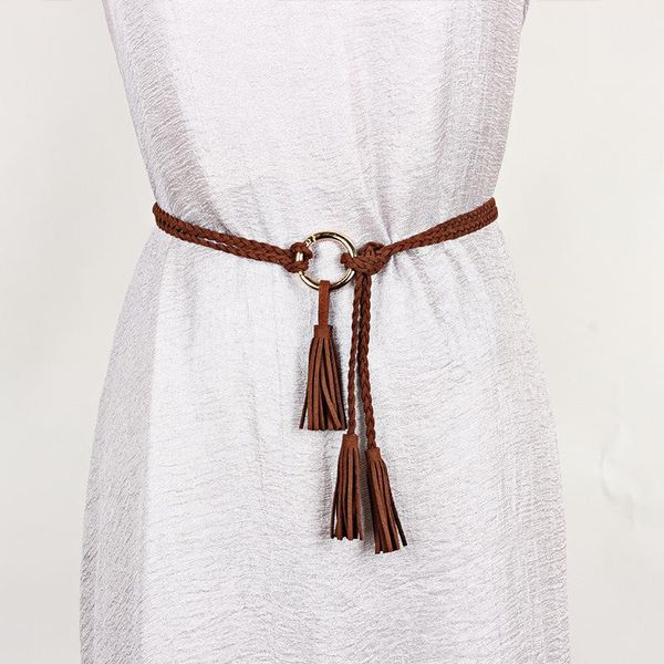

belts fashion women solid color braided tassel belt bohemian girls thin waist rope knit for dress waistbands accessories, Black;brown