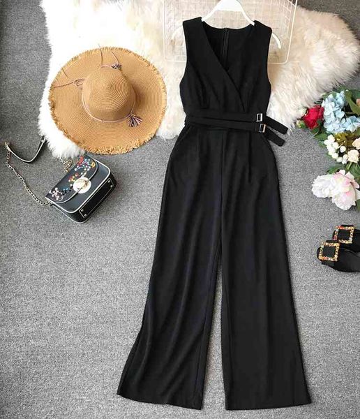 

alphalmoda 2021 spring ladies sleeveless solid jumpsuits v-neck high waist sashes women casual wide leg rompers, Black;white