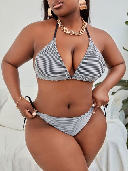

plus halter tie side bikini swimsuit 49bg#, Black