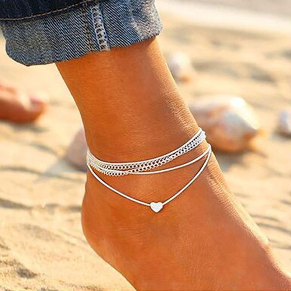 S054 Bohemian Prata Cor Anklet pulseira na moda Coração feminina anklets com descalço para as mulheres perna cadeia praia Praia Jóia