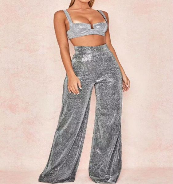 

women's jumpsuits & rompers arrival celetrity evening club party bodycon bandage silver slik 2 piece set elastic boot cut pants women b, Black;white
