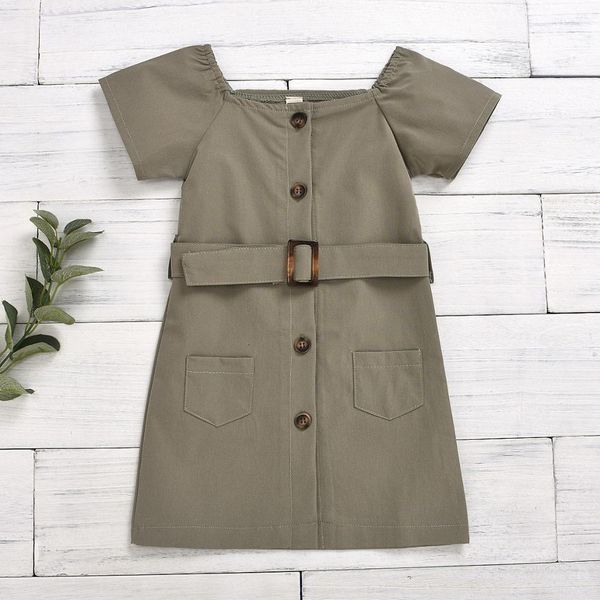 

girl's dresses summer girls clothes school style button children's pure color open buckle belt cotton short sleeve dress o0dx, Red;yellow